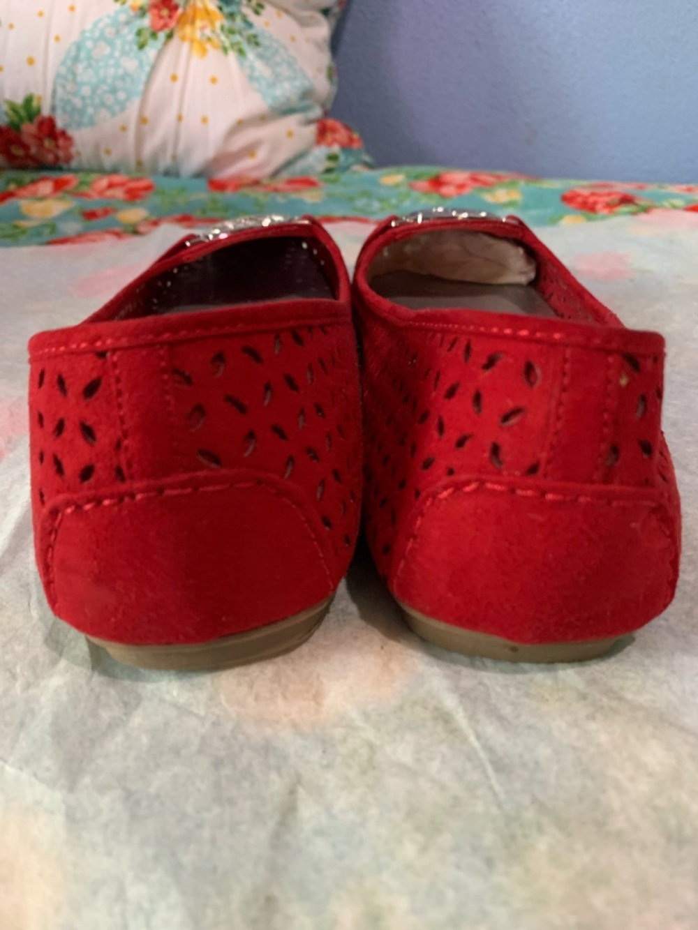 Christian Siriano Red Suede Perforated Flats with Silver Medallion - Picture 6 of 8